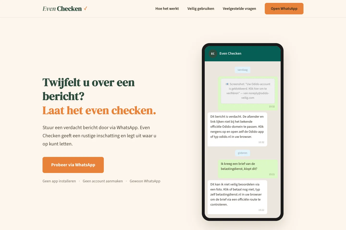 Even Checken toont hoe je een verdacht bericht via WhatsApp kunt laten beoordelen