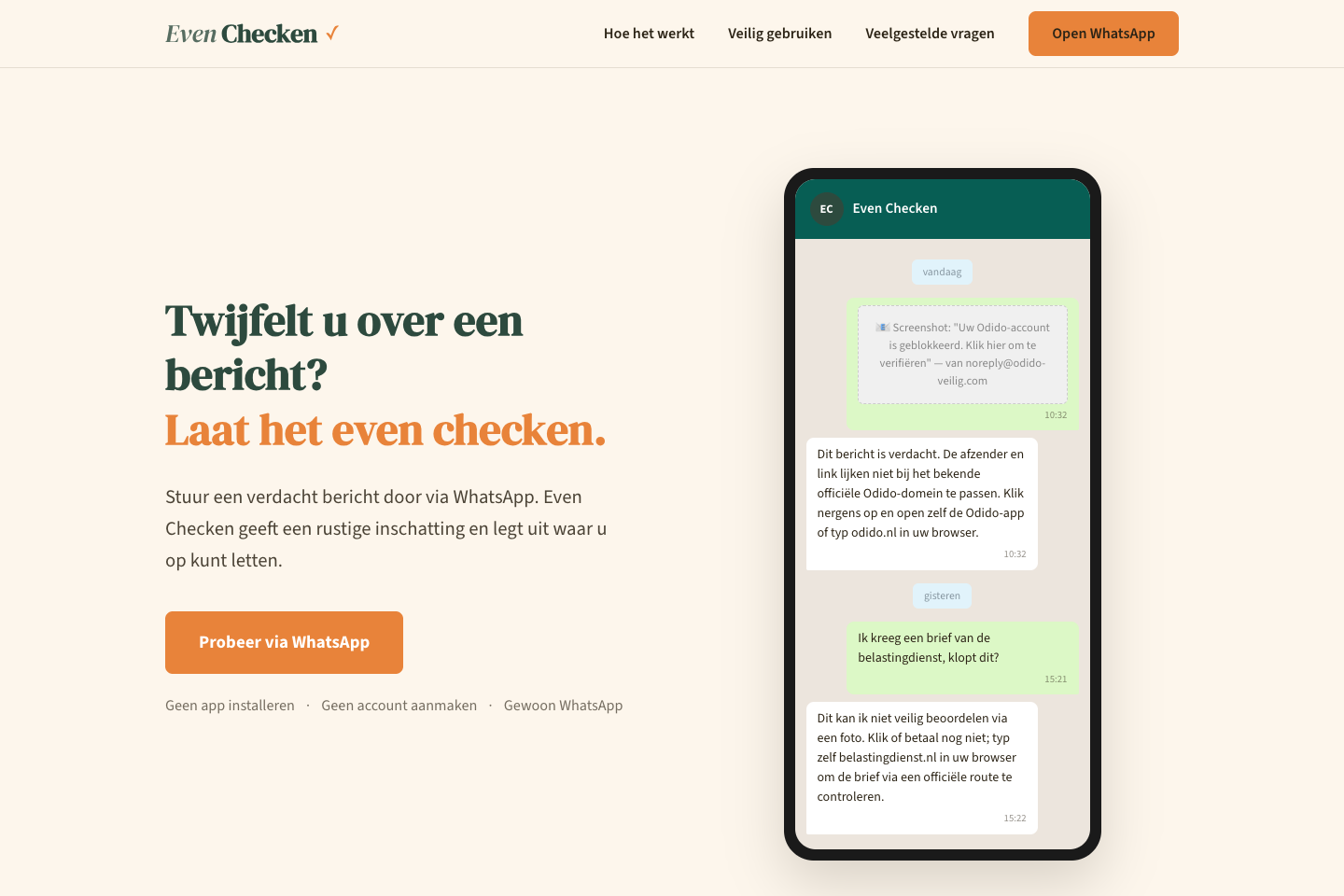 Homepage van Even Checken met een WhatsApp-voorbeeld voor verdachte berichten