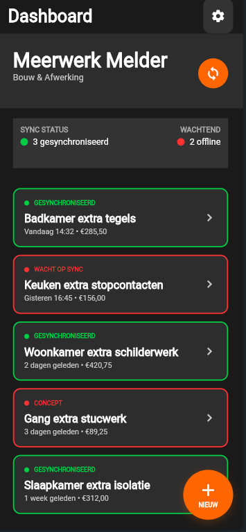 Meerwerk Melder App - digitale meerwerk registratie voor de bouw met handtekening en WhatsApp bevestiging