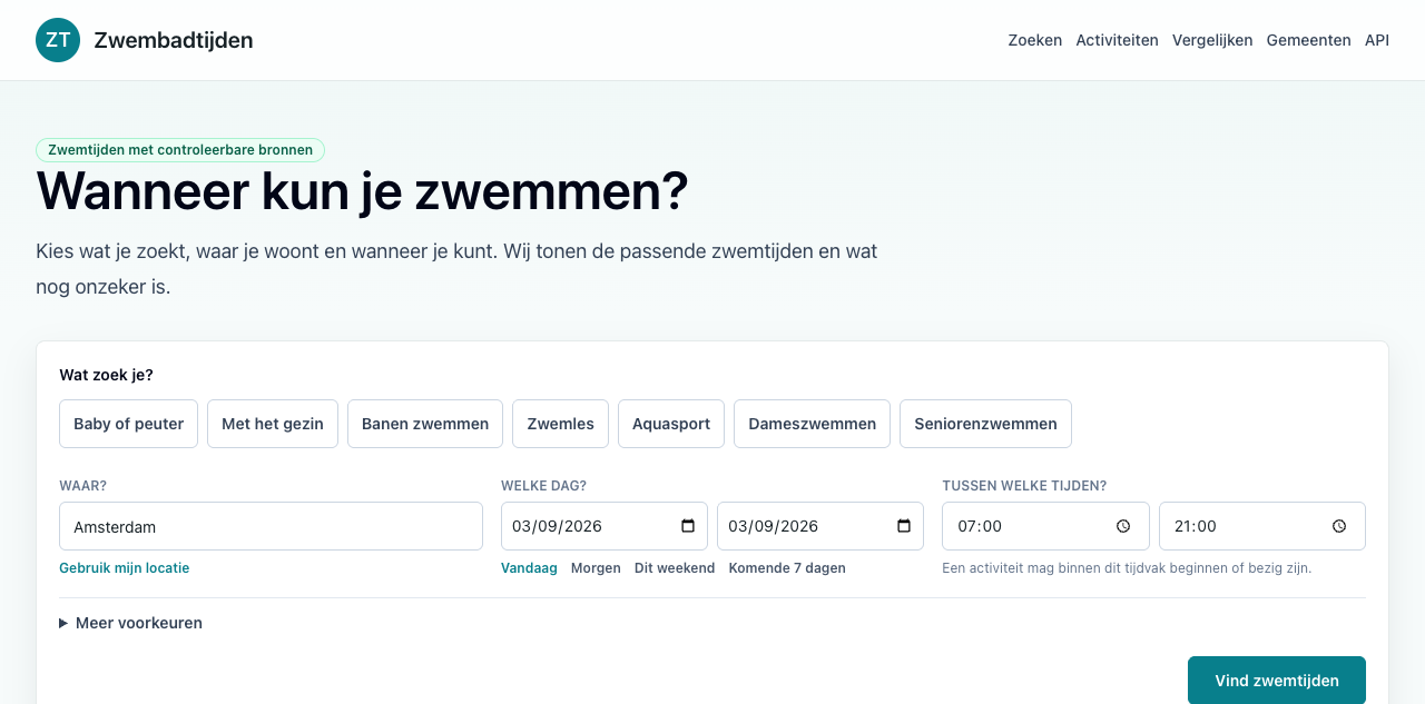 Zoekpagina van Zwembadtijden met zwemtijden en filters